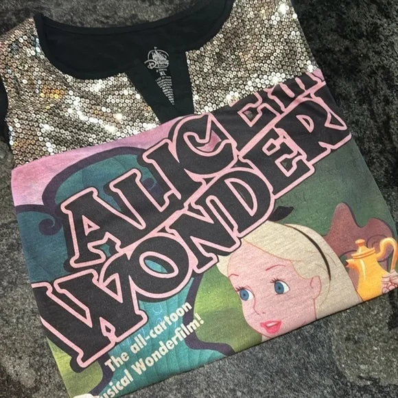 Disney parks Alice in Wonderland cold shoulder sequin embellished  T shirt - Picture 14 of 14